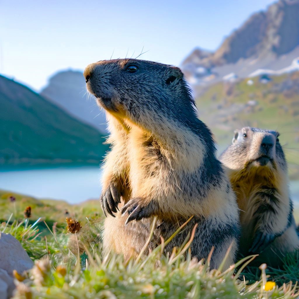 una foto di marmotte con lo sfondo di lago e montagne dolomitiche, generata con chatgpt