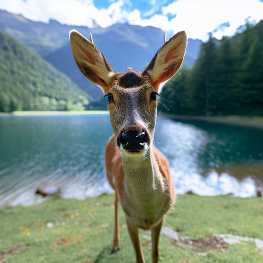 un'immagine frontale di un cerbiatto che guarda nella camera