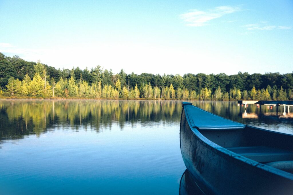 una barca sul lago circondato da conifere