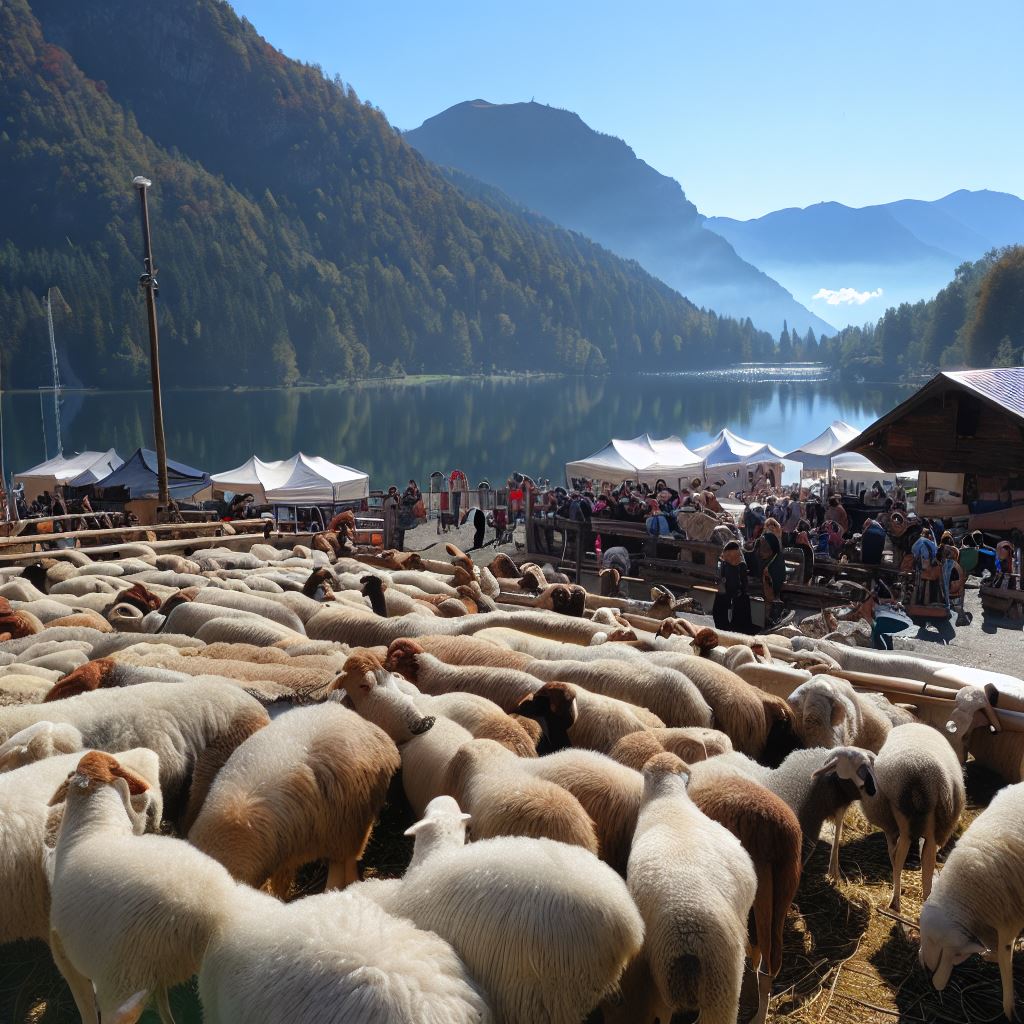 foto della transumanza di pecore al lago di zoccolo, generata con chatgpt